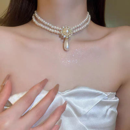 White Alloy Zircon Double Layered Pearl Water Drop Pendant Necklace
