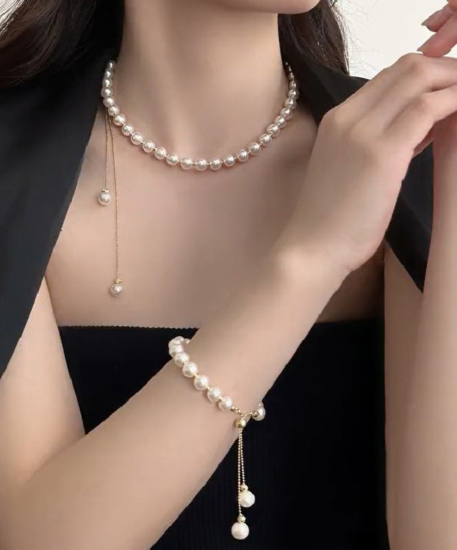 White Copper Alloy Pearl Tassel Charm Bracelet and Gratuated Bead Necklace Two Piece Set Yu014