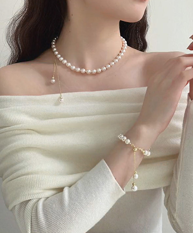 White Copper Alloy Pearl Tassel Charm Bracelet and Gratuated Bead Necklace Two Piece Set Yu014