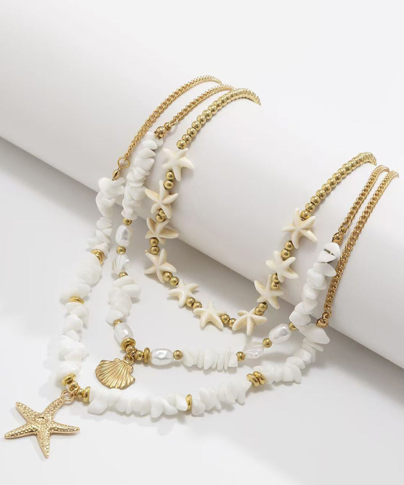 White Copper Starfish Shell Layered Pendant Necklace