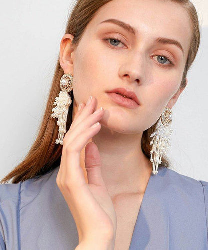White Hollow Out Pearl Tassels Exaggeration Alloy Drop Earrings