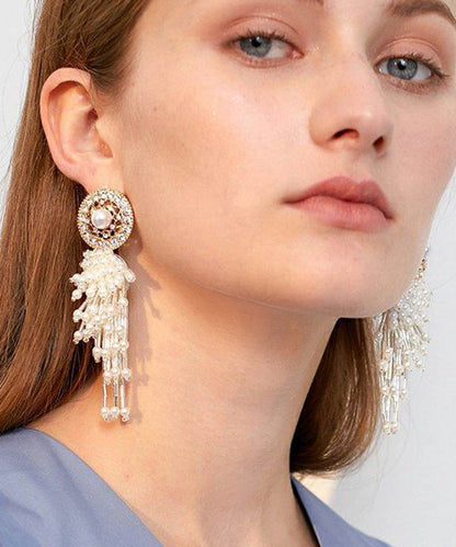 White Hollow Out Pearl Tassels Exaggeration Alloy Drop Earrings