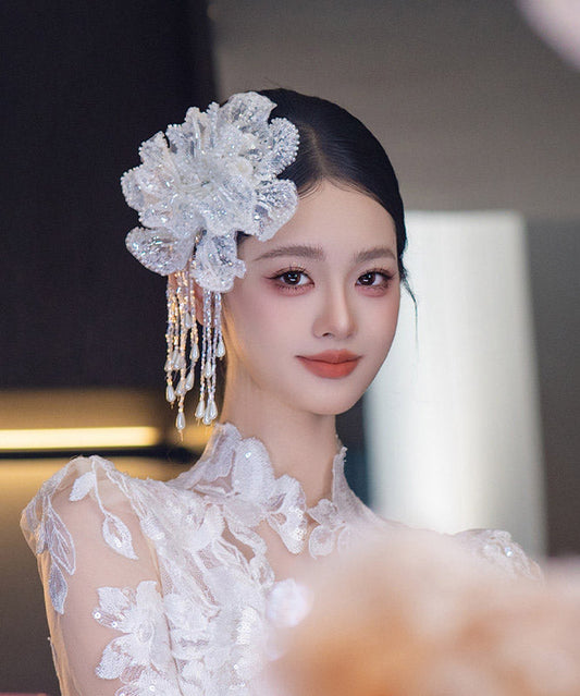 White Lace Double-layer Sequins Tassel Single Hairpin