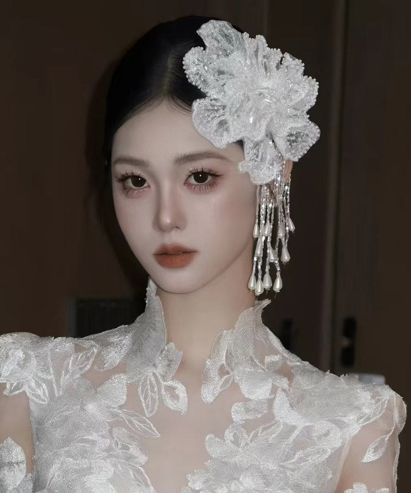 White Lace Double-layer Sequins Tassel Single Hairpin