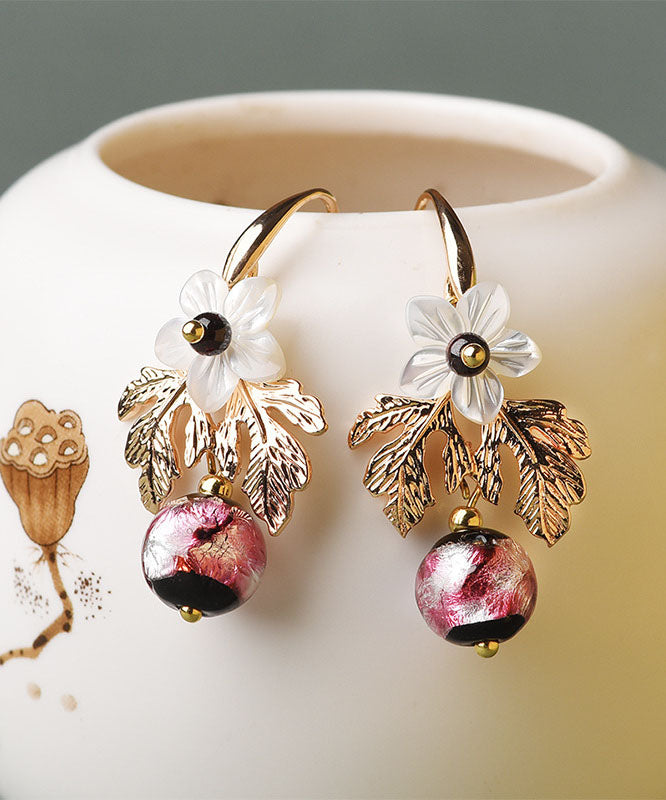 White Shell Flower Red Coloured Glaze Metal Drop Earrings