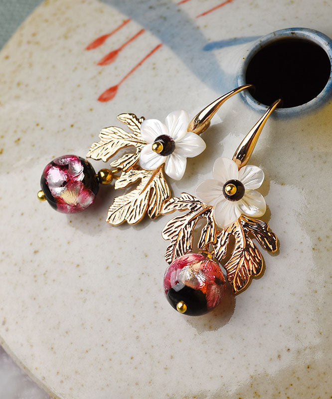 White Shell Flower Red Coloured Glaze Metal Drop Earrings