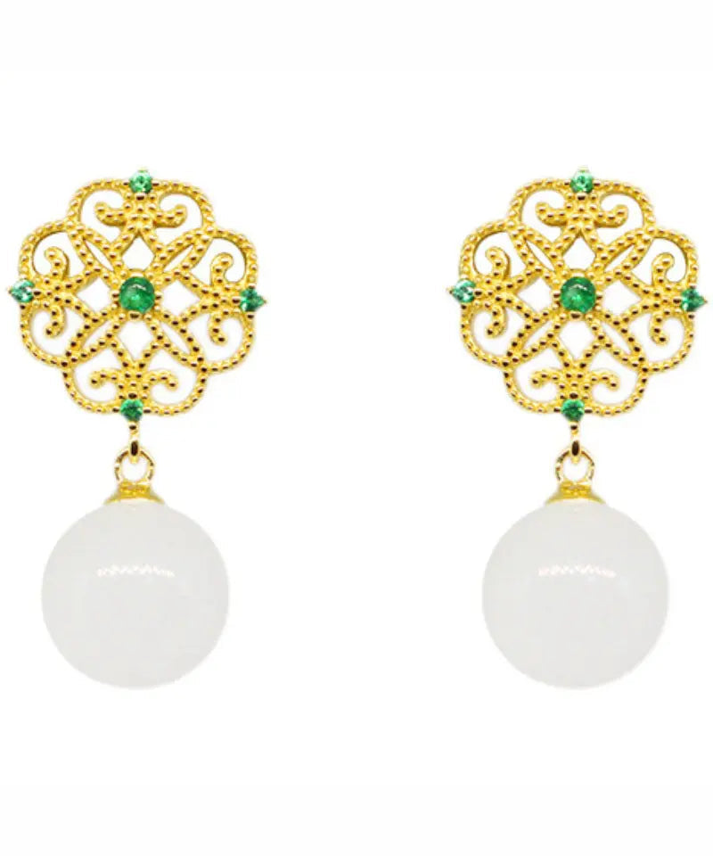 Sterling Silver Overgild Jade Clover Hollow Out Drop Earrings