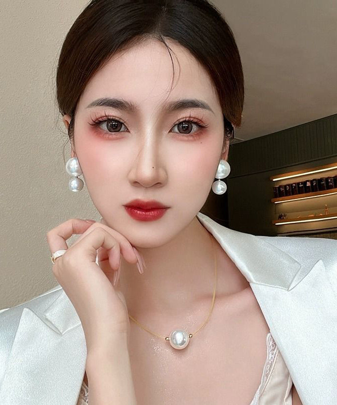 White Sterling Silver Overgild Pearl Stud Earrings