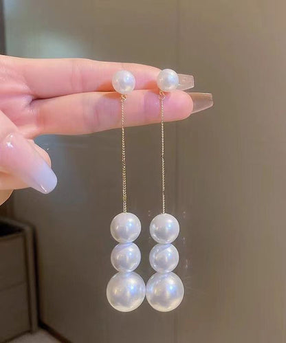 White Sterling Silver Overgild Pearl Tassel Drop Earrings