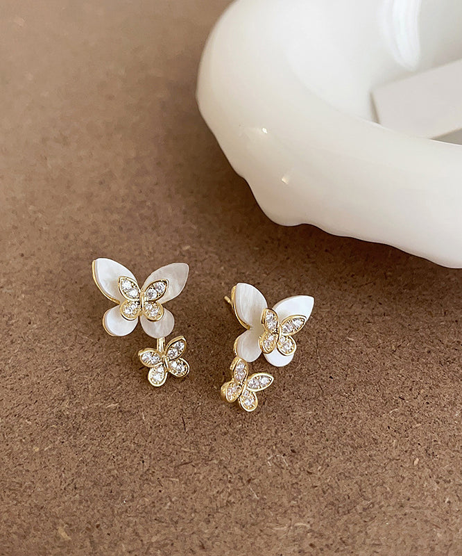 White Sterling Silver Overgild Zircon Butterfly Stud Earrings