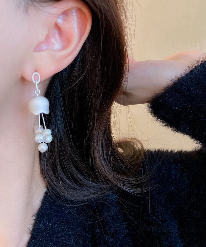 White Sterling Silver Pearl Lily of the Valley Tassel Drop Earrings