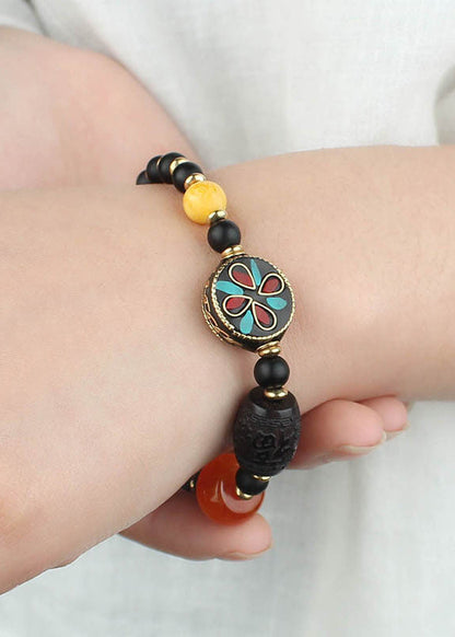 Black Coloured Glaze Pearl Beeswax Sandalwood Clover Charm Bracelet