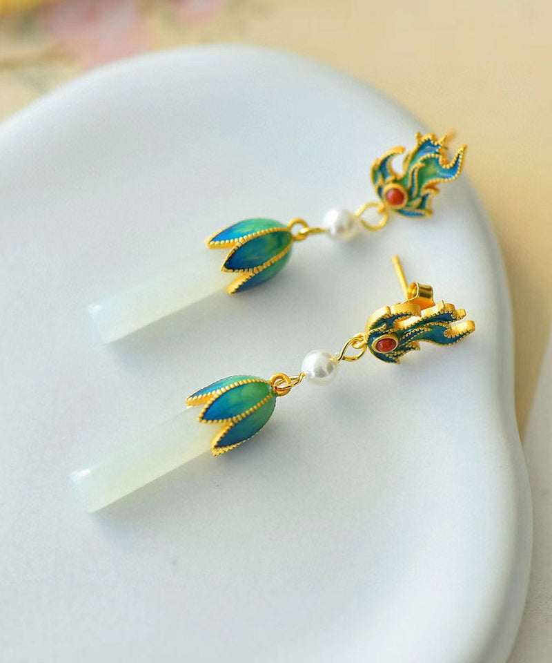 Blue Sterling Silver Jade Agate Enamel Drop Earrings