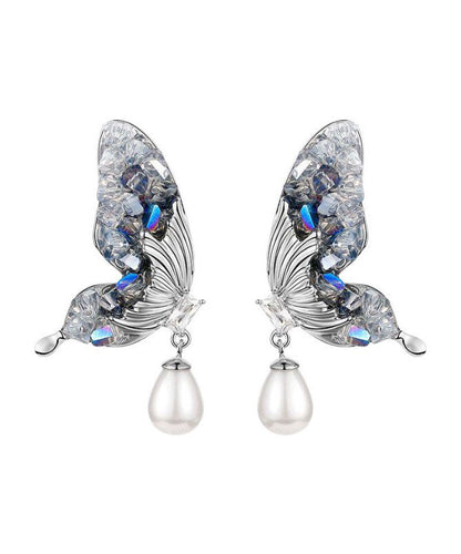 Blue Sterling Silver Zircon Pearl Crystal Butterfly Water Droplet Drop Earrings