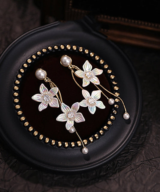 Gold Acrylic Alloy Zircon Pearl Tassel Drop Earrings