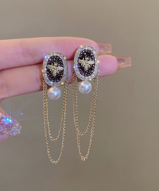 Gold Alloy Pearl Crystal Zircon Tassel Drop Earrings