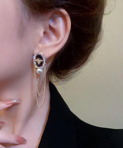 Gold Alloy Pearl Crystal Zircon Tassel Drop Earrings