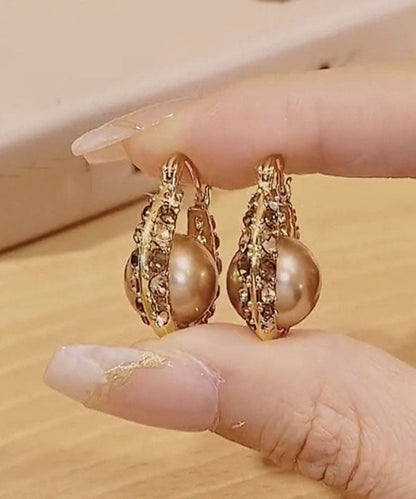 Gold Copper Alloy Zircon Pearl Hoop Earrings