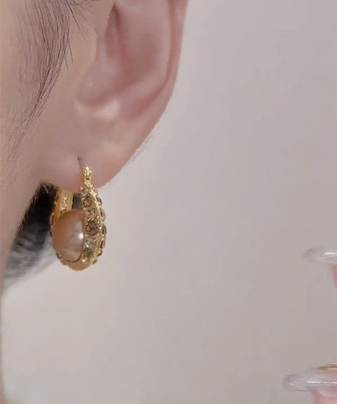 Gold Copper Alloy Zircon Pearl Hoop Earrings