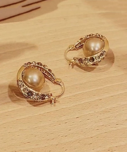 Gold Copper Alloy Zircon Pearl Hoop Earrings