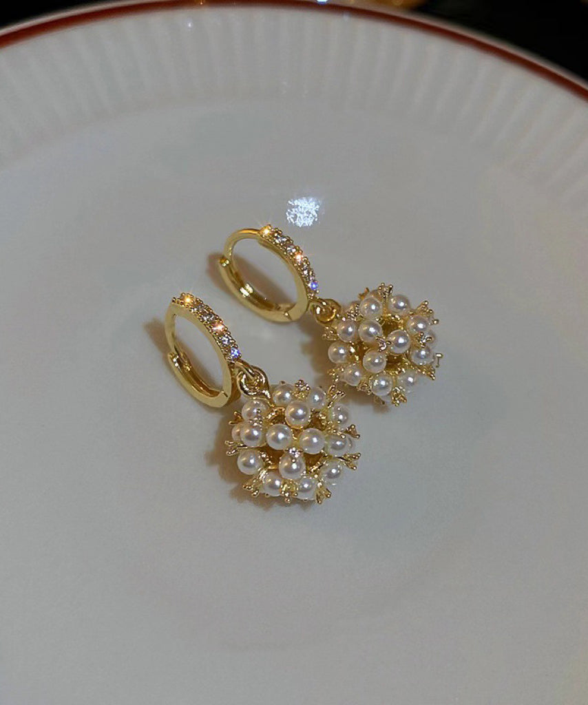 Gold Copper Overgild Zircon Spherical Pearl Drop Earrings