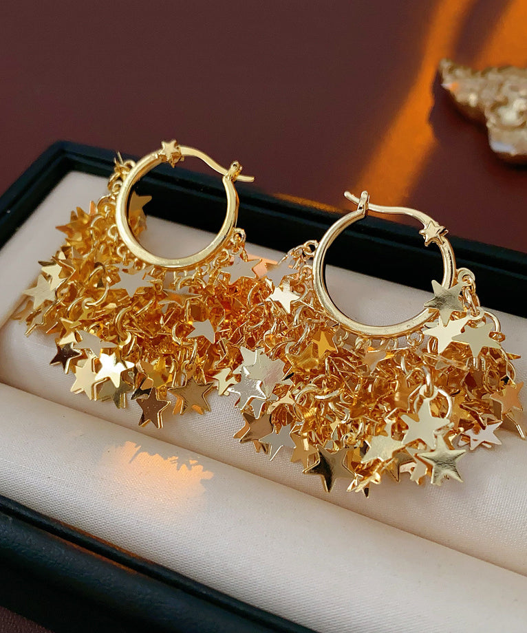 Gold Copper Overgild Zircon Star Tassel Hoop Earrings