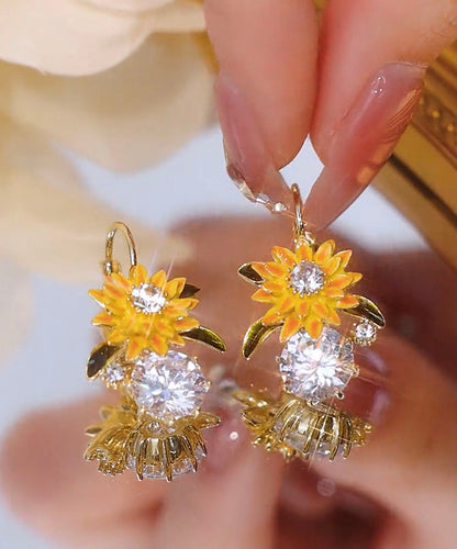 Gold Copper Overgild Zircon Sunflower Drop Earrings