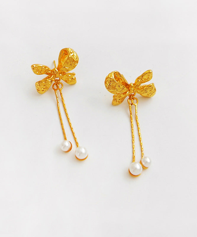 Gold Copper Pearl Bow Tassel Drop Earrings