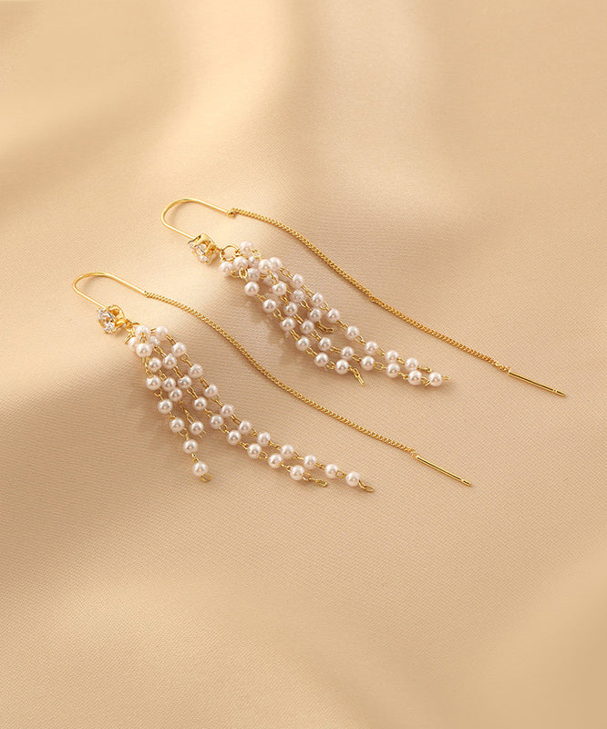 Gold Sterling Silver Alloy Pearl Tassel Drop Earrings