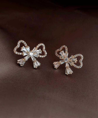 Gold Sterling Silver Alloy Zircon Bow Stud Earrings