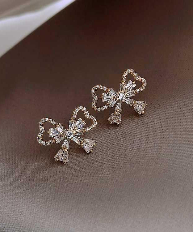 Gold Sterling Silver Alloy Zircon Bow Stud Earrings Kx1001