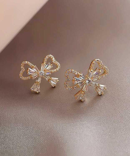Gold Sterling Silver Alloy Zircon Bow Stud Earrings
