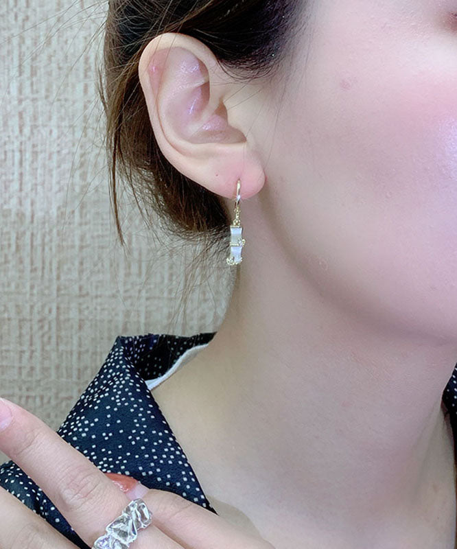 Gold Sterling Silver Cat's Eye Stone Bamboo Knot Drop Earrings