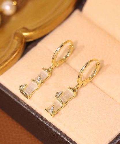 Gold Sterling Silver Cat's Eye Stone Bamboo Knot Drop Earrings
