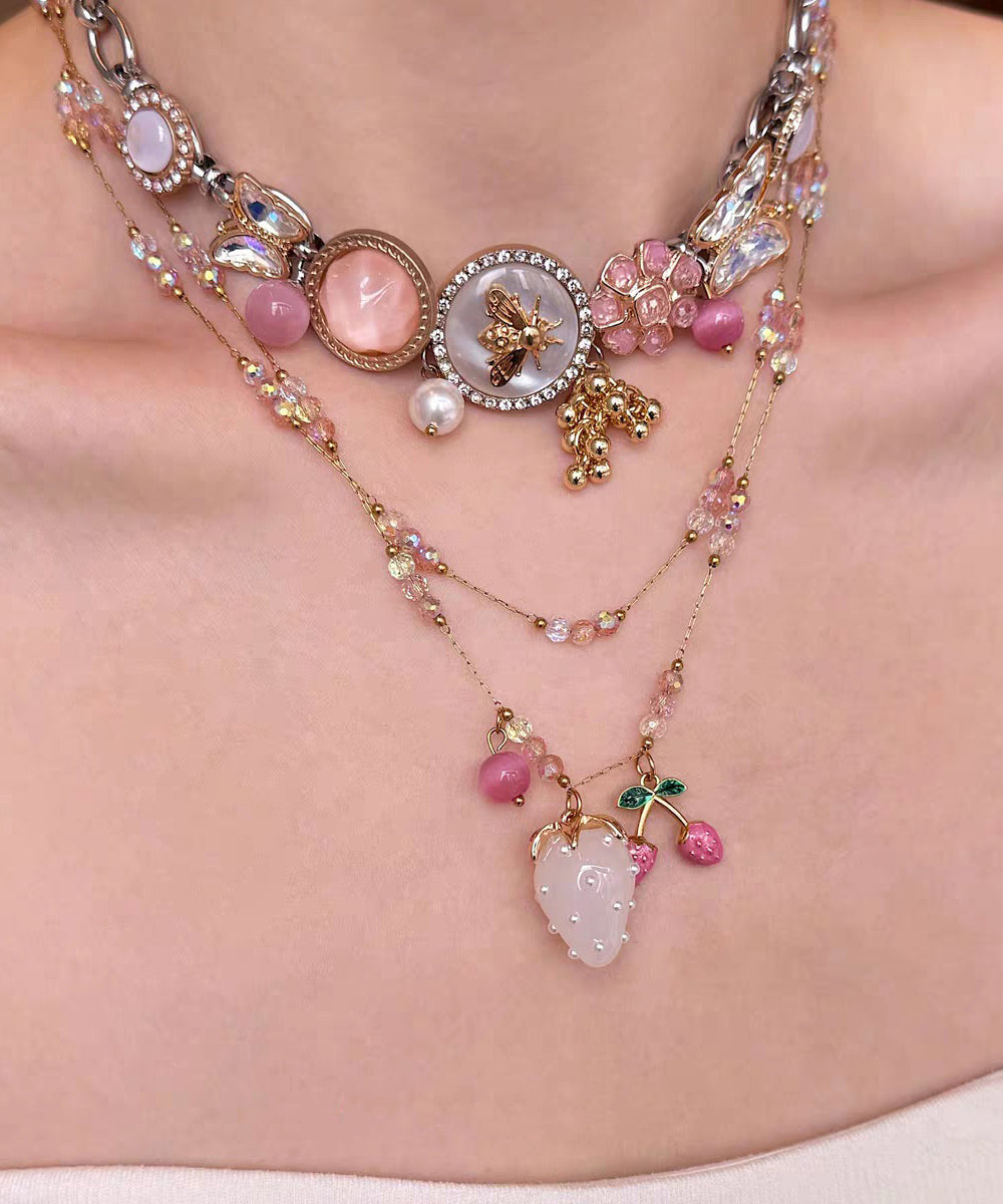 Gold Sterling Silver Overgild Cherry Jade Pendant Necklace Two-piece Set