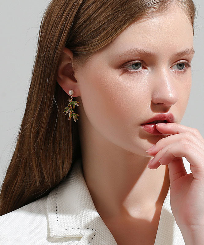 Green Overgild Zircon Pearl Bamboo Drop Earrings Tw1016