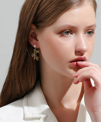 Green Overgild Zircon Pearl Bamboo Drop Earrings