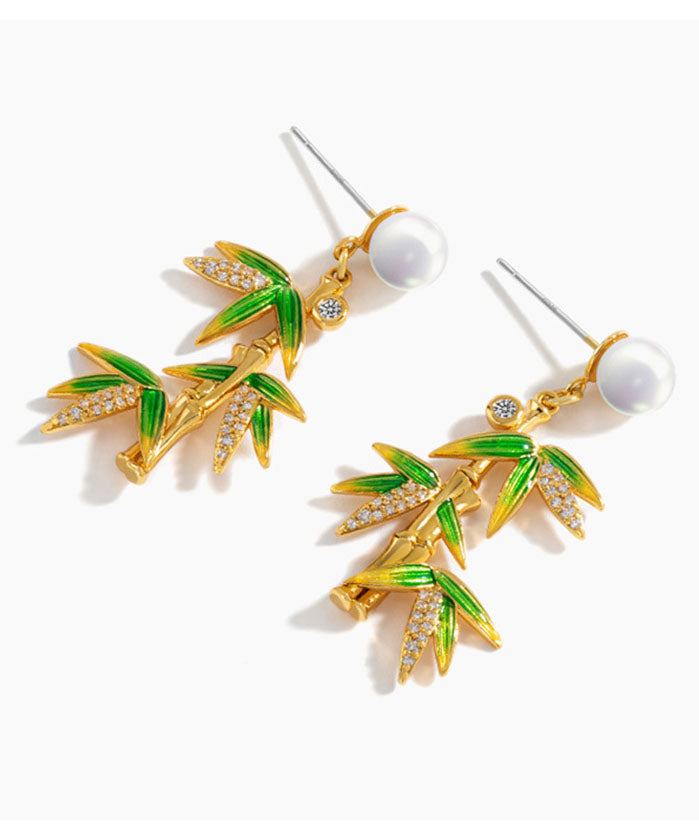 Green Overgild Zircon Pearl Bamboo Drop Earrings
