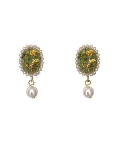 Green Sterling Silver Rose Pearl Drop Earrings