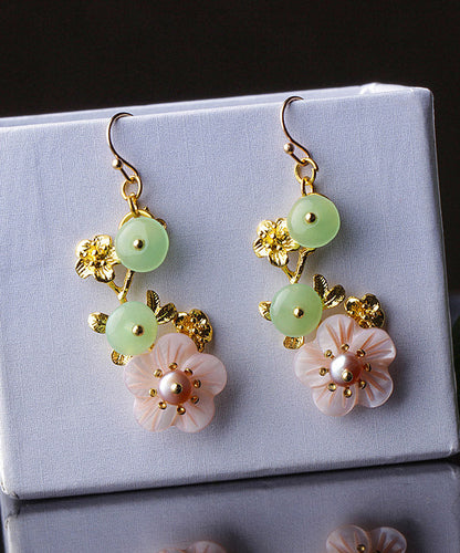 Pink Green Pearl Shell Flower Chalcedony Drop Earrings