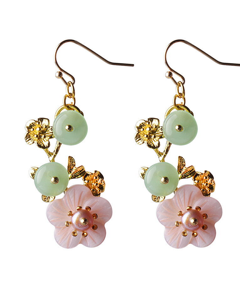 Pink Green Pearl Shell Flower Chalcedony Drop Earrings