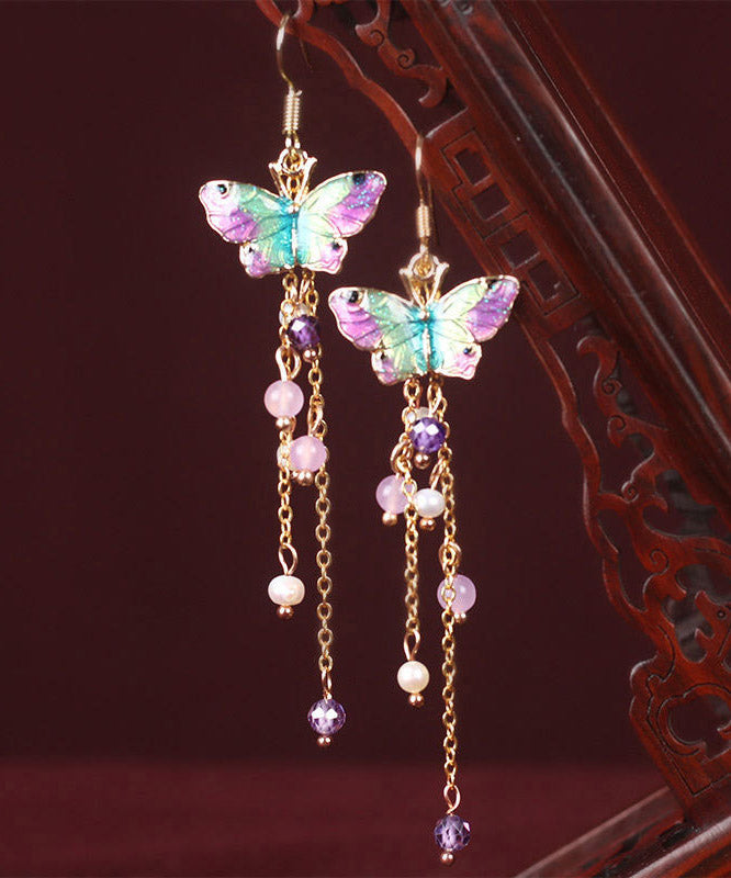 Pink Sterling Silver Pearl Chalcedony Butterfly Tassel Drop Earrings