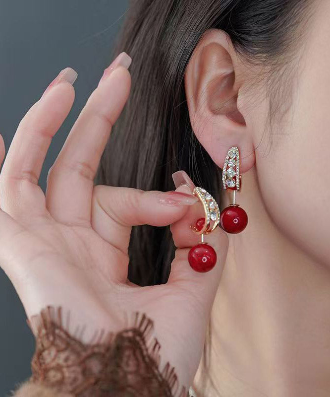 Red Copper Overgild Zircon Pearl Drop Earrings