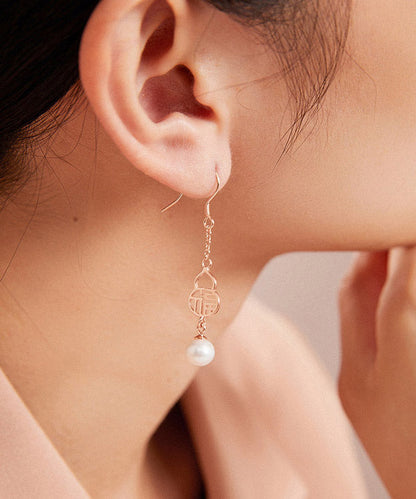 Rose Gold Sterling Silver Pearl Gourd Drop Earrings
