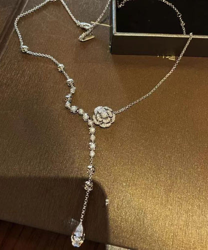 Silk Sterling Silver Zircon Rose Tassel Pendant Necklace Kx1034