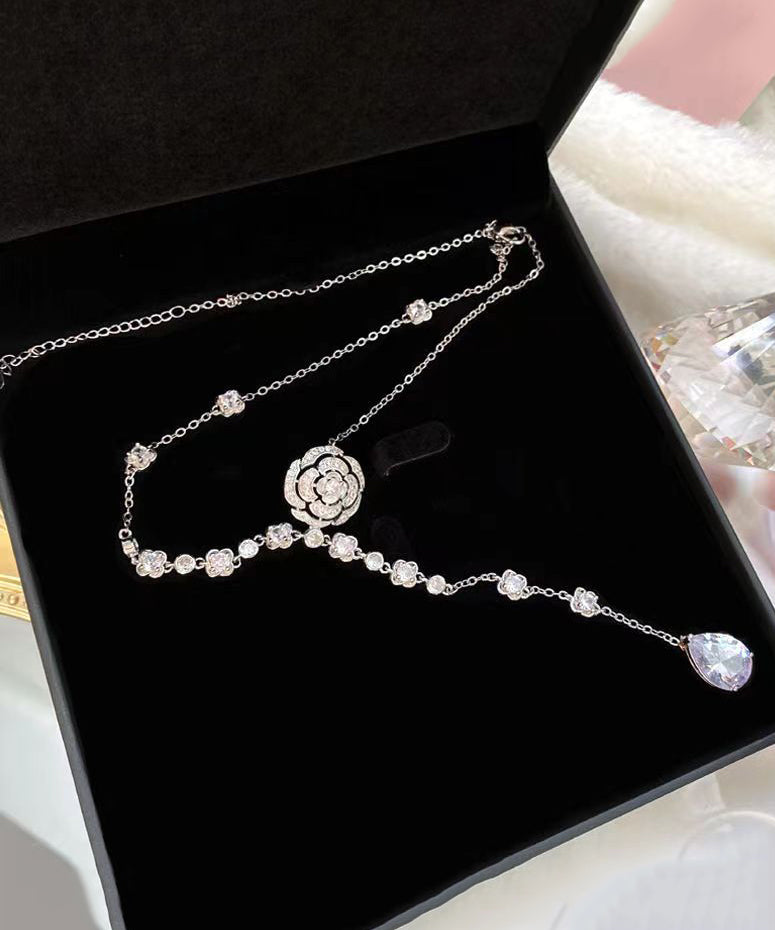 Silk Sterling Silver Zircon Rose Tassel Pendant Necklace Kx1034