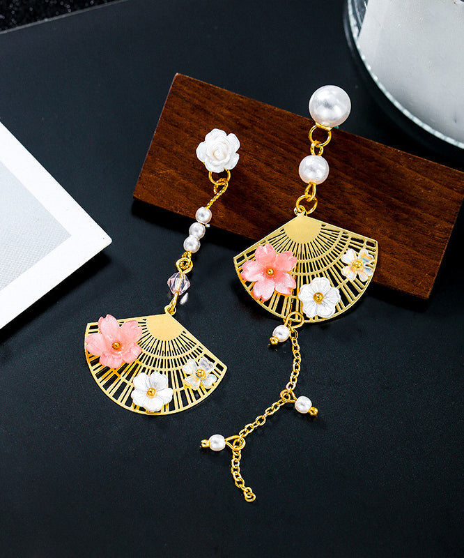 White Alloy Inlaid Crystal Pearl Asymmetricar Fan Shaped Drop Earrings