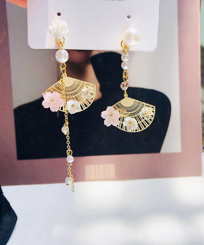 White Alloy Inlaid Crystal Pearl Asymmetricar Fan Shaped Drop Earrings