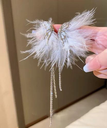 White Alloy Zircon Butterfly Plume Tassel Drop Earrings