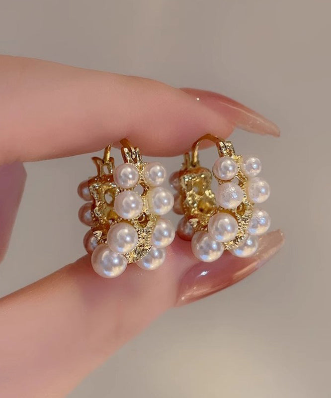 White Copper Alloy Asymmetrical Pearl Hoop Earrings